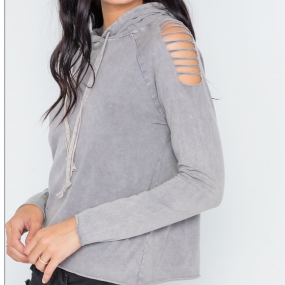 Buckle Tops - Buckle Stonewash Laser Cut Shoulders Crop Hoodie